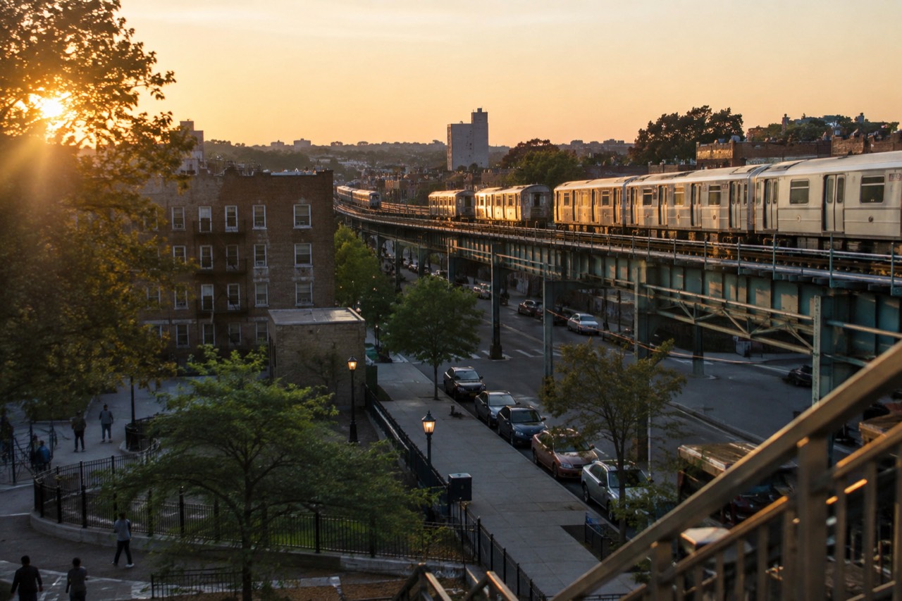 The elevated subway tracks of the Bronx with residential buildings beneath them