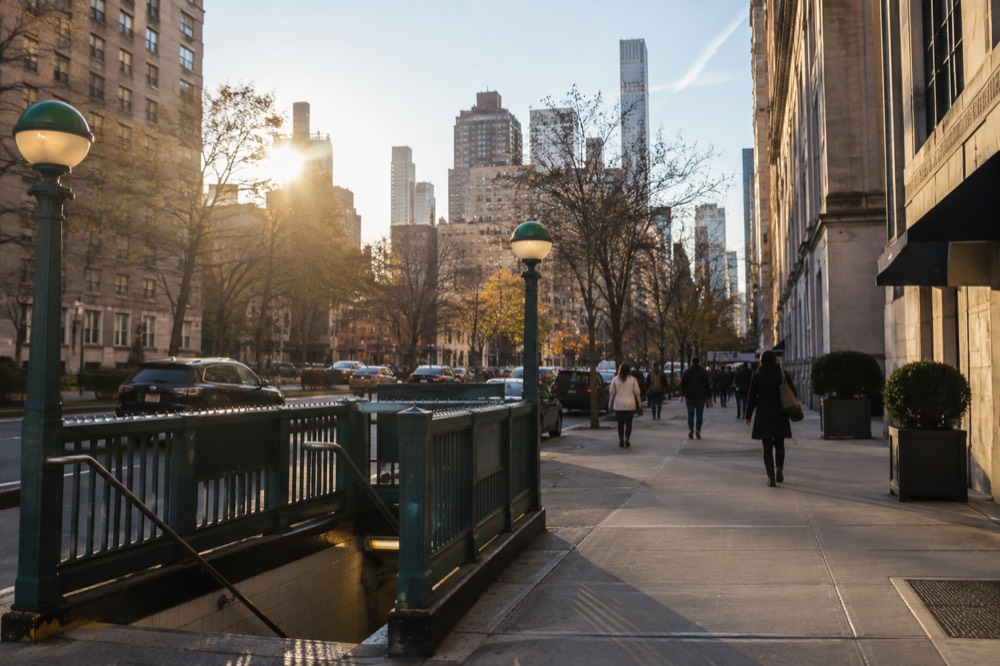 A Lexington Avenue subway entrance with a green railing on a sidewalk