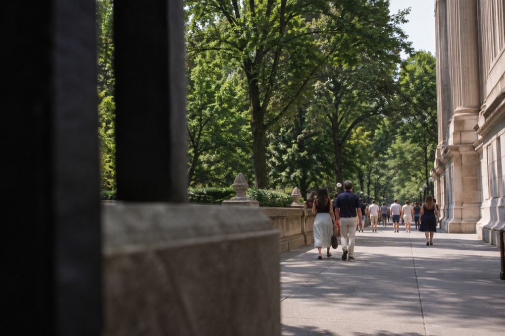 Visitors walking along a museum-lined stretch of Fifth Avenue beside Central Park