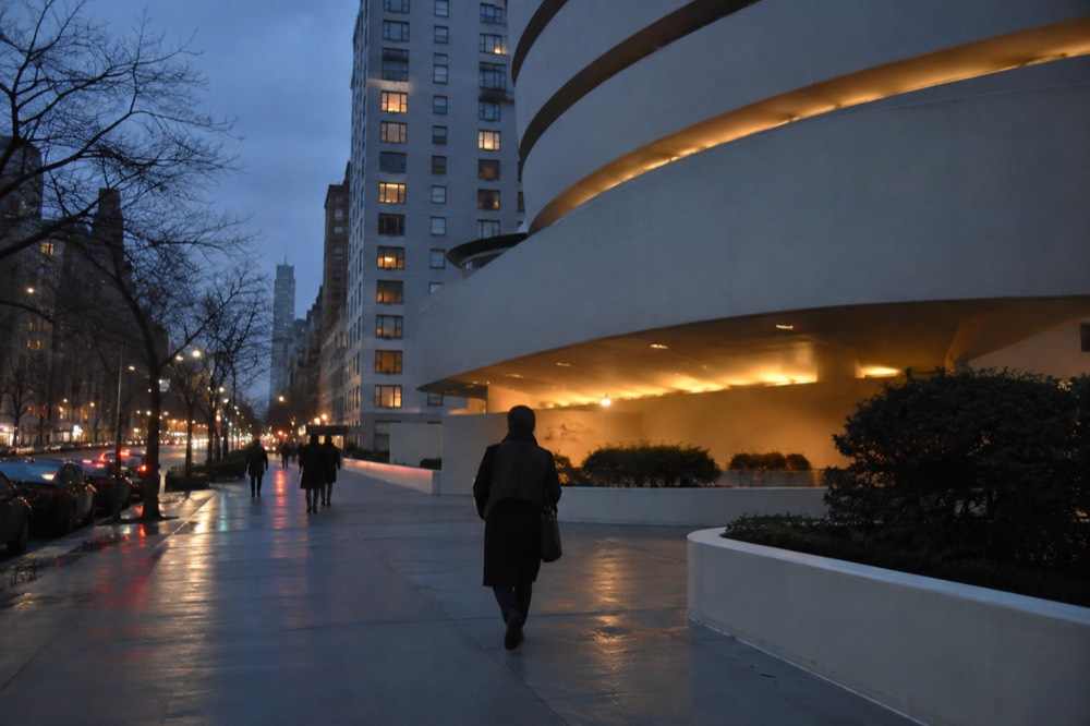 The rounded white spiral facade of the Guggenheim Museum on Fifth Avenue