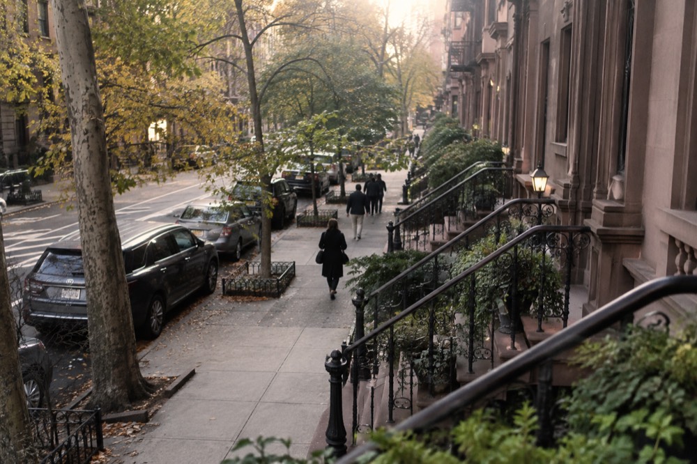 A quiet tree-lined residential block of brownstones in late afternoon light