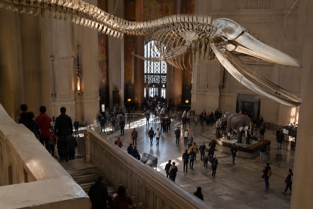 Grand entrance hall of a natural history museum with visitors gathered beneath a large skeleton display