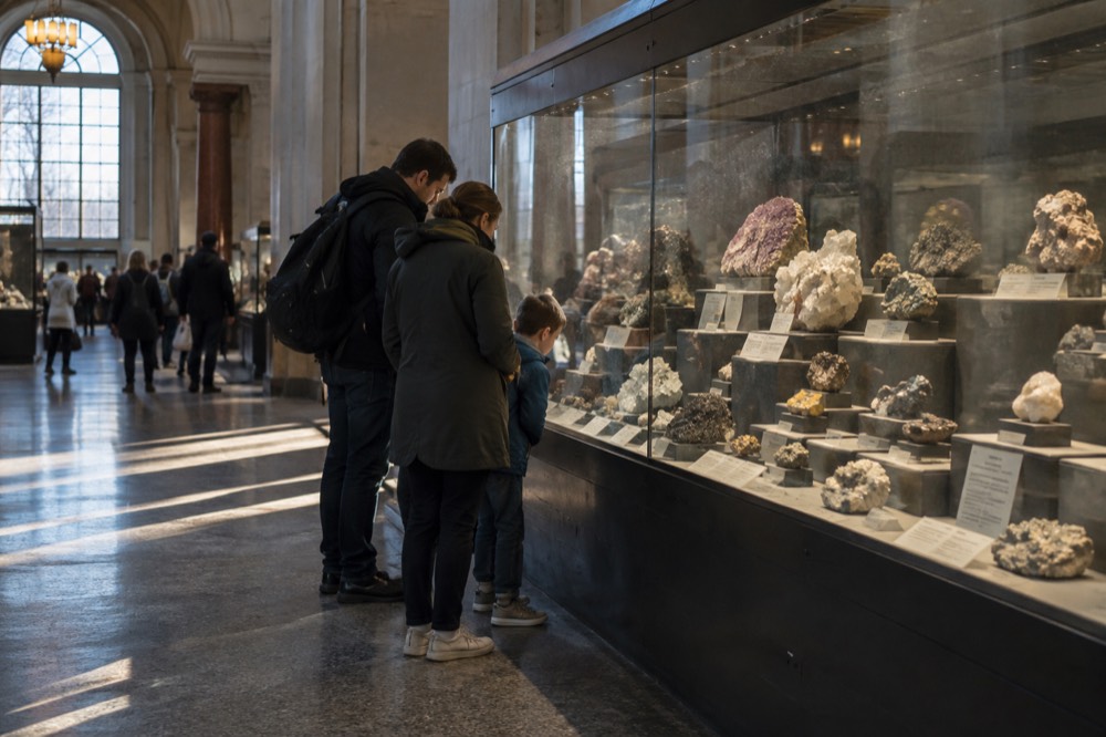 A family reading a display case of minerals inside a bright museum gallery