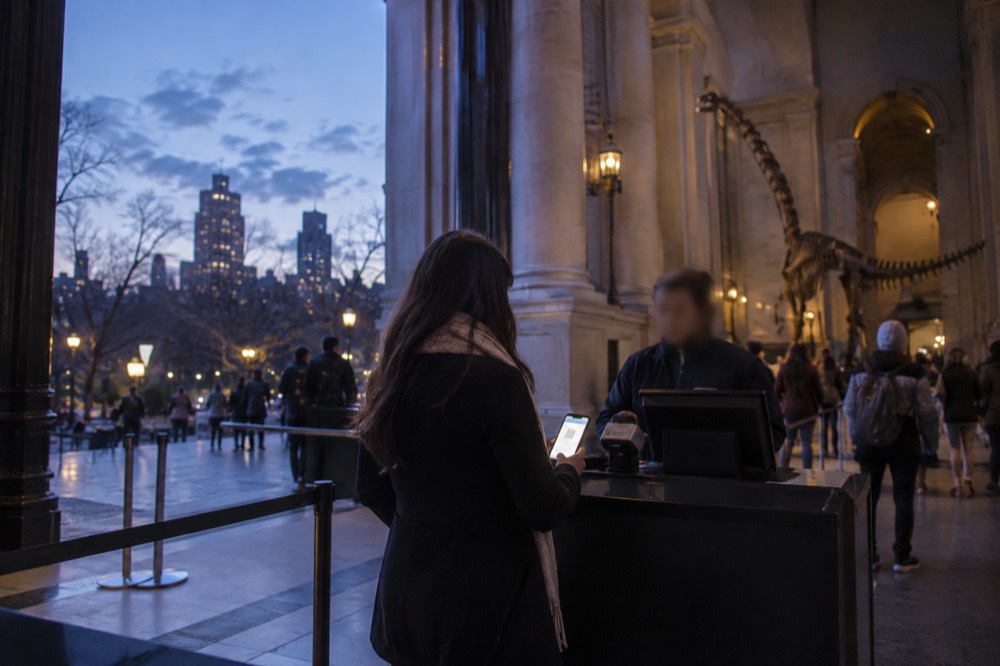 A visitor holding a smartphone showing a mobile ticket at a museum entrance desk