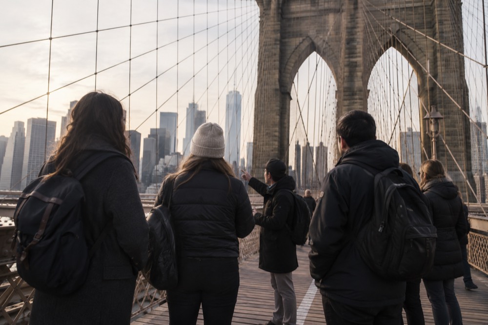 A small group of walkers listening to a guide on the Brooklyn Bridge promenade near the stone tower