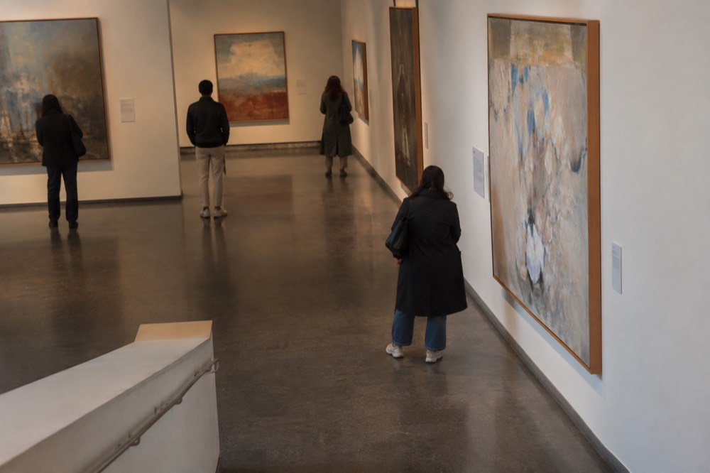 Visitors reading wall text beside paintings in a Brooklyn Museum gallery