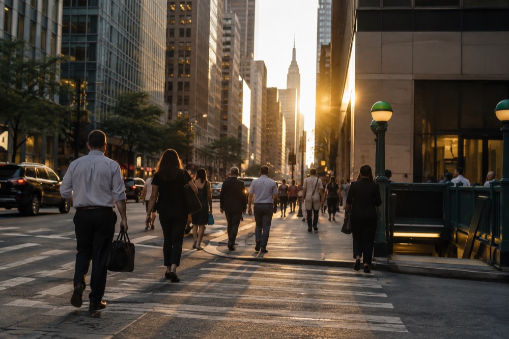 Commuters crossing a Midtown street near a subway entrance on a summer afternoon