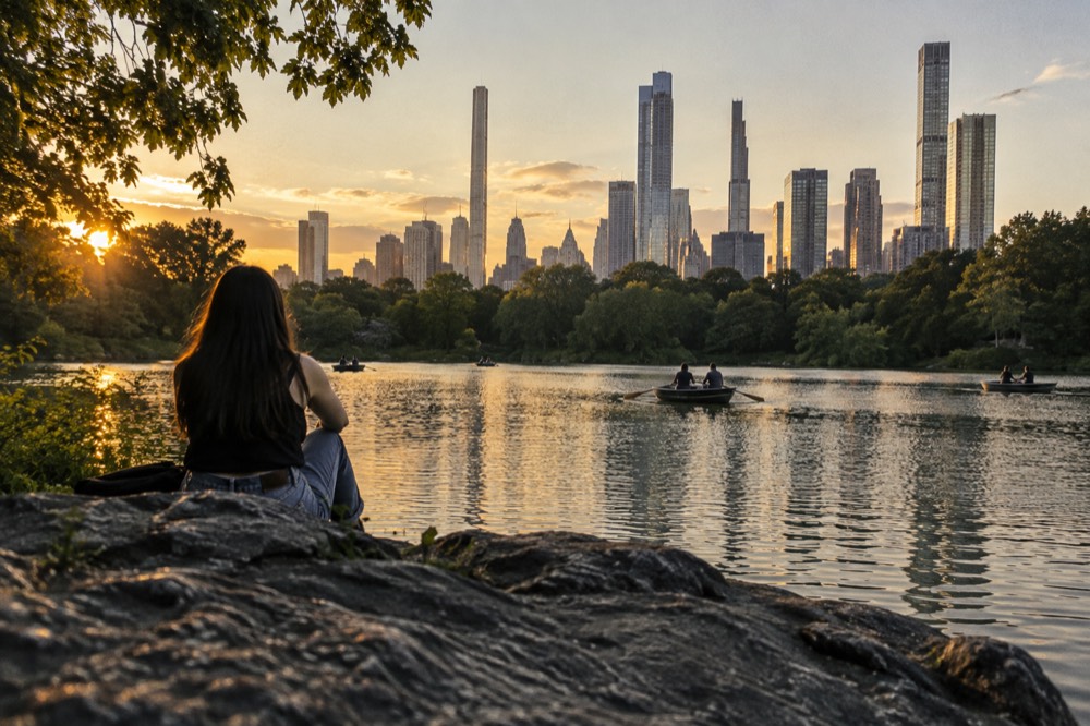 Central Park's lake with the Manhattan skyline rising behind the trees