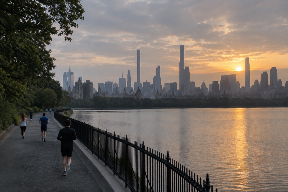 Runners on the Reservoir track at sunrise with the skyline behind