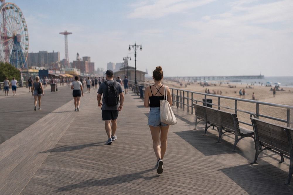 People walking along a wide wooden boardwalk beside a sandy beach on a sunny day