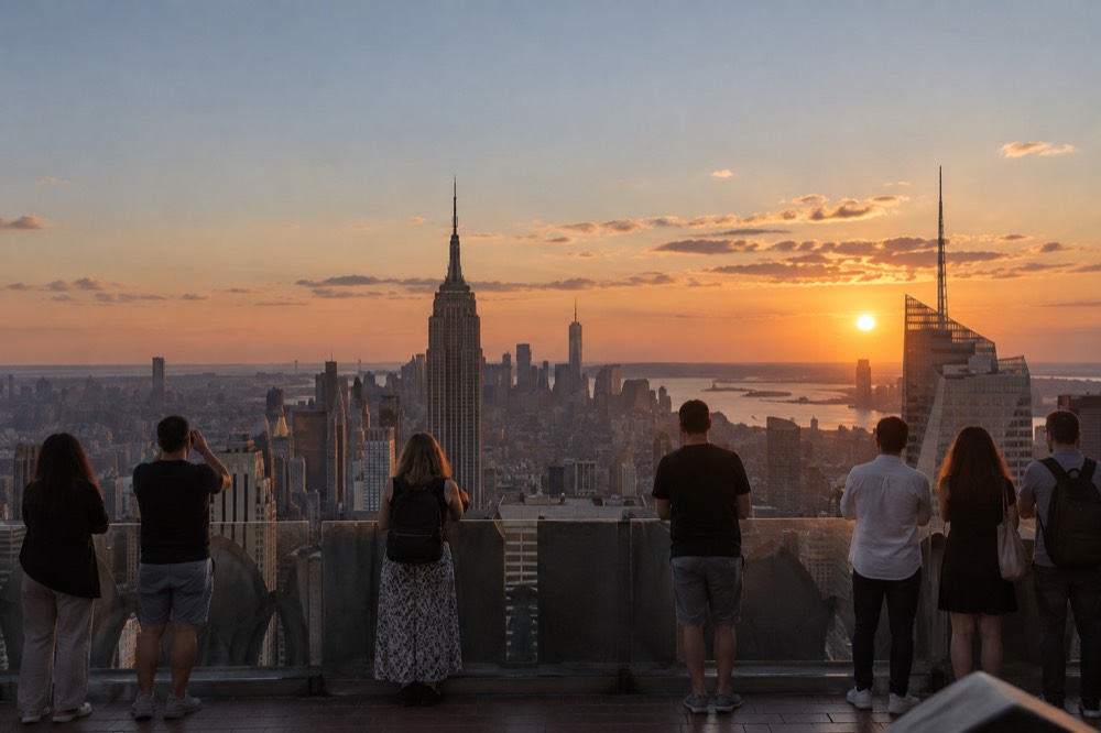 Visitors standing on an outdoor observation deck looking out over the Manhattan skyline at sunset