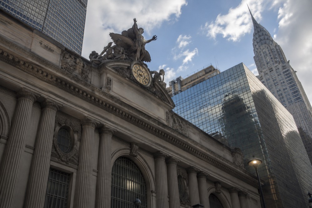 The exterior facade of Grand Central Terminal on 42nd Street with its clock and sculpture