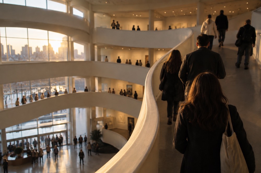 Visitors walking up the curved ramp inside the Guggenheim Museum rotunda