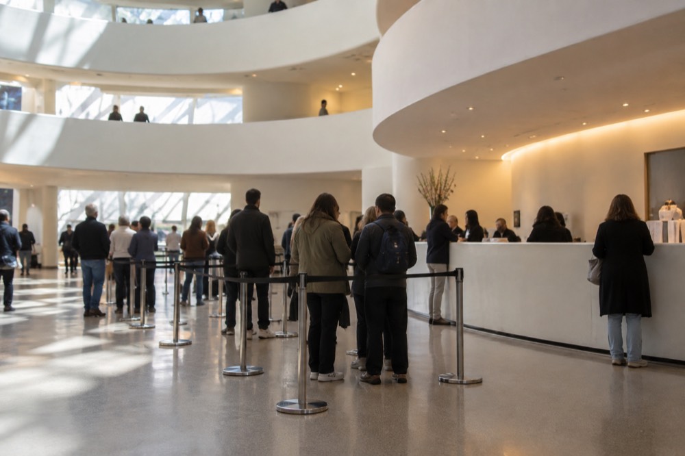 The ticket lobby of the Guggenheim Museum with visitors queuing at the desk