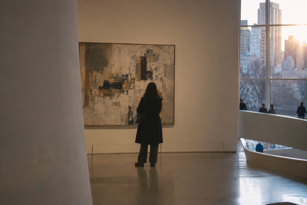 A visitor studying a painting in a quiet Guggenheim gallery