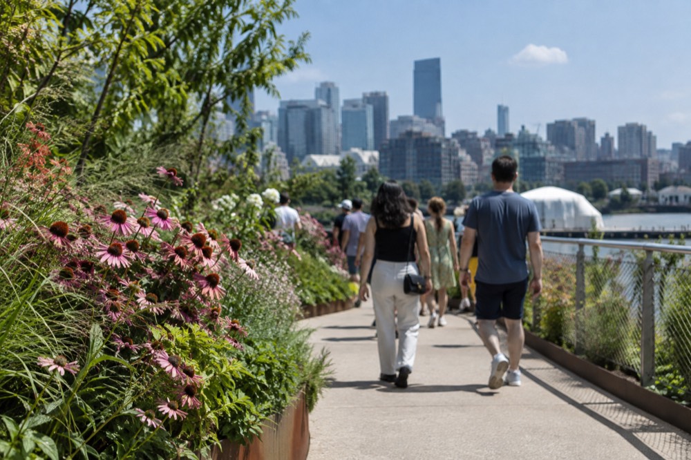 Visitors walking a curved pathway through flowering plantings on an elevated park above the river