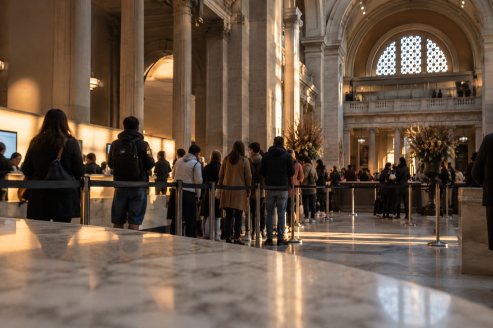 Visitors queueing at a museum admission desk beneath a high ceiling