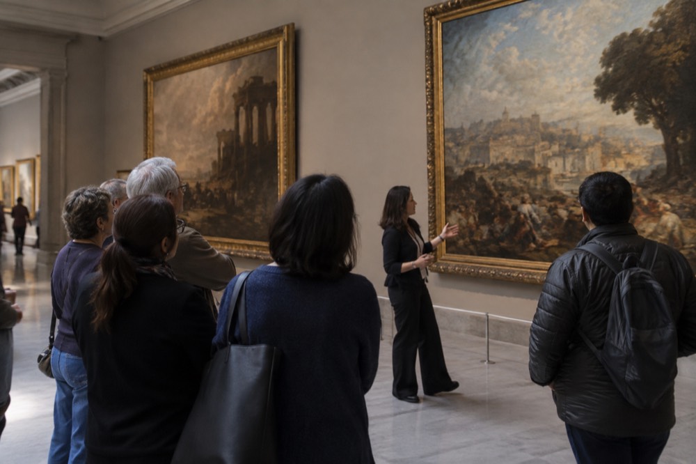 A guide speaking to a small group of visitors in front of large paintings in a museum gallery
