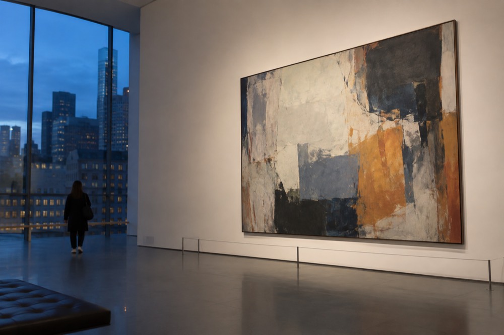 A large abstract painting hanging alone on a tall white gallery wall