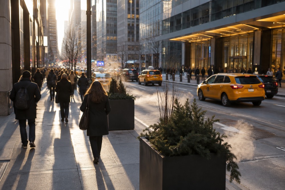 A busy Midtown Manhattan sidewalk with yellow taxis passing a modern building entrance