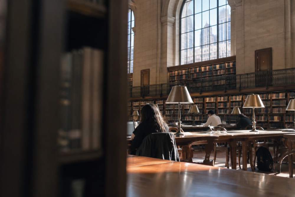 Sunlight falling through tall windows onto bookshelves and reading tables in a library gallery