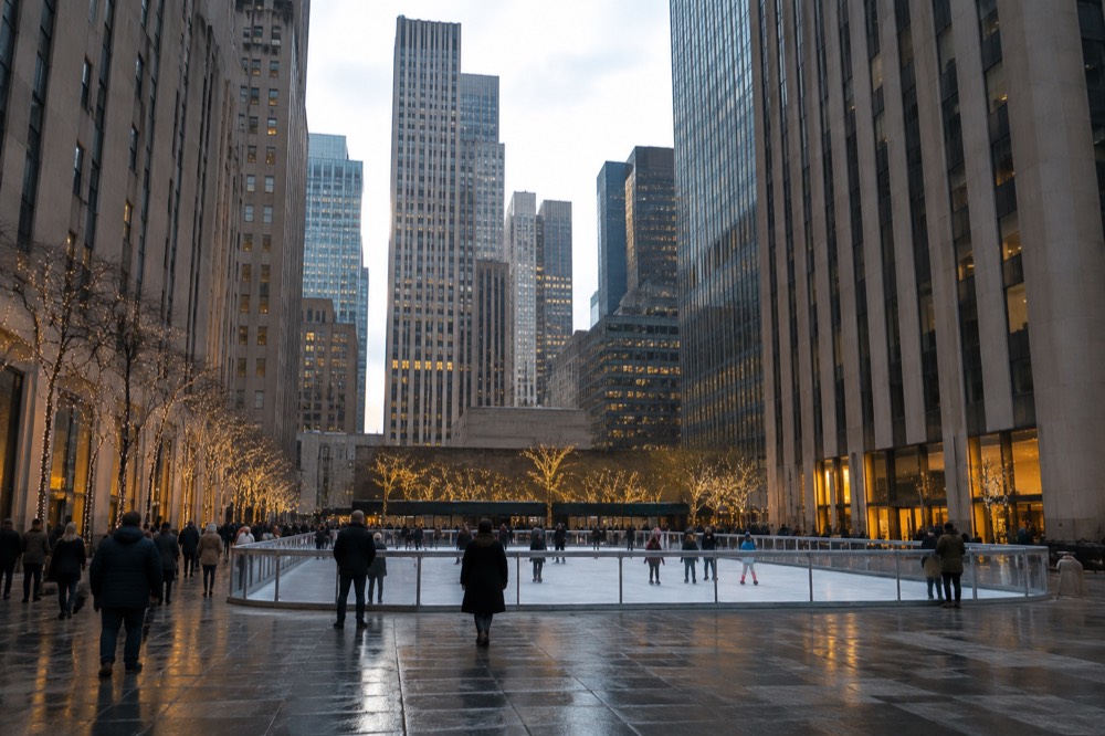 A wide plaza between skyscrapers with an ice rink in the middle and people walking around it