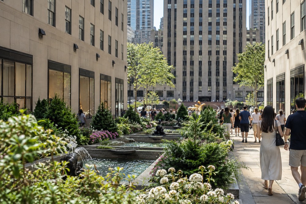 Visitors walking through the Channel Gardens between 5th Avenue and the Rockefeller Center plaza