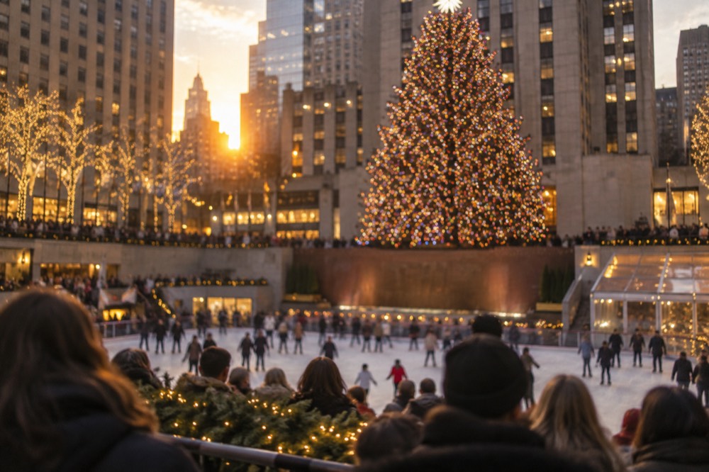 Evening crowds on the Rockefeller Center plaza with the Christmas tree lit above the rink