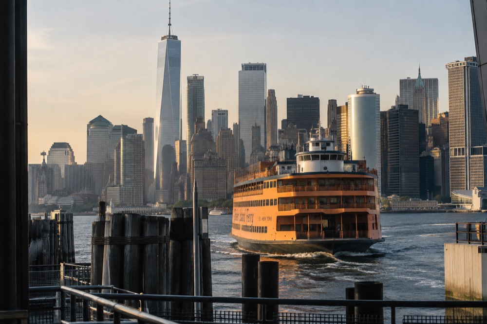 The orange Staten Island Ferry approaching Whitehall Terminal with downtown towers above it