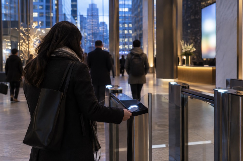 A ticket holder scanning a timed entry pass at an electronic gate inside a Midtown skyscraper lobby
