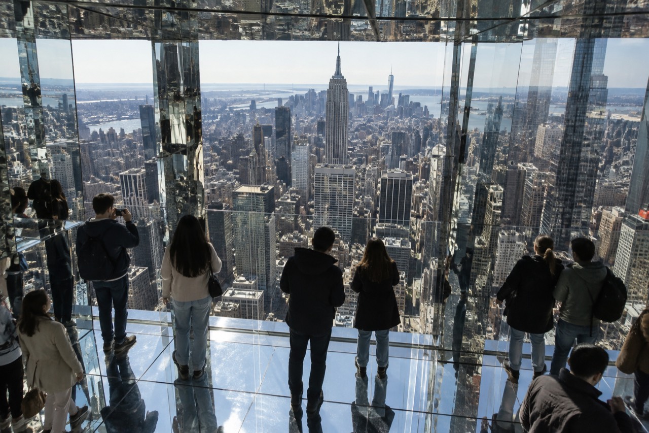 Visitors standing in a mirrored observation room high above Midtown Manhattan with the skyline reflected around them