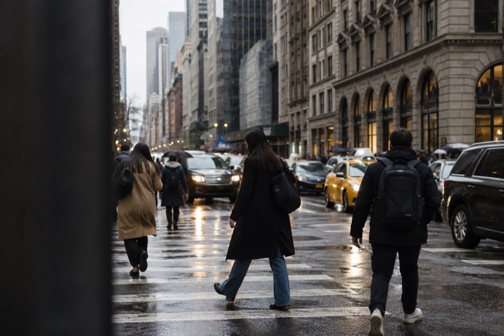 Pedestrians crossing a busy downtown Manhattan street with traffic and old buildings
