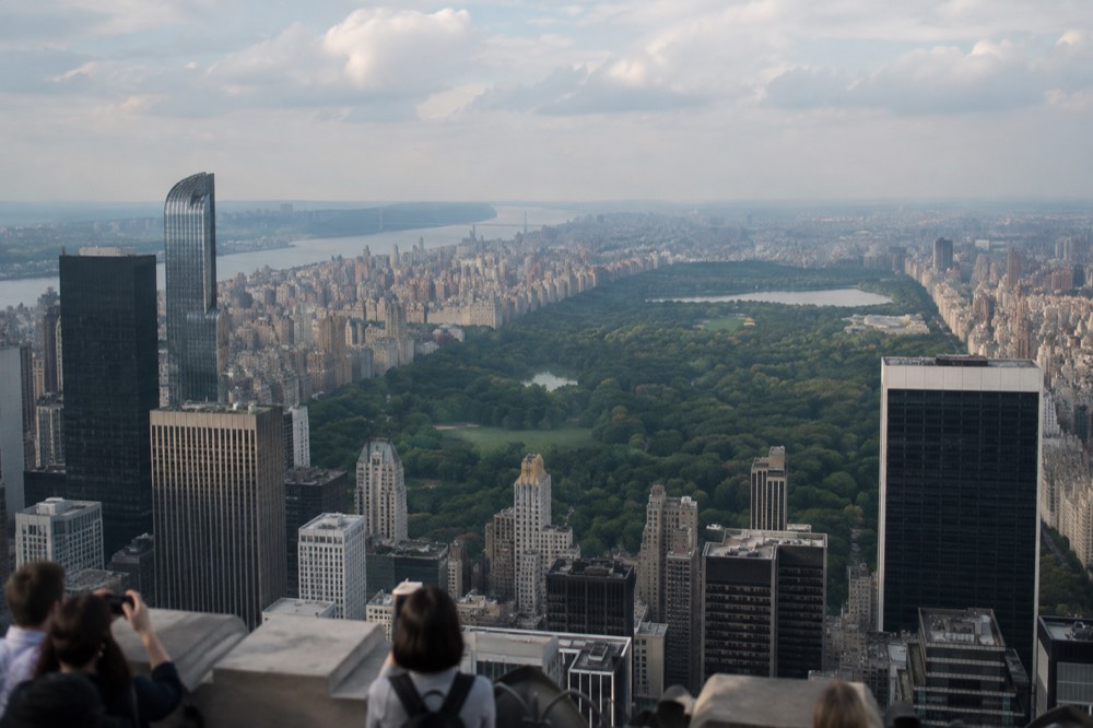 Looking north from Top of the Rock over the full length of Central Park between the Manhattan skyline rows