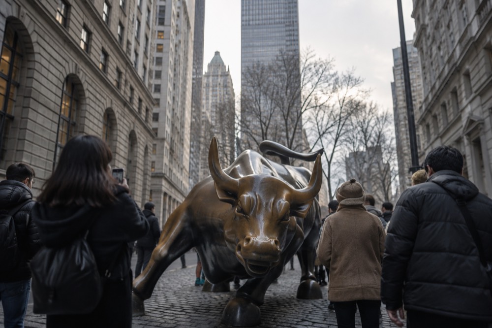 Tourists gathered around the bronze Charging Bull statue in the Financial District