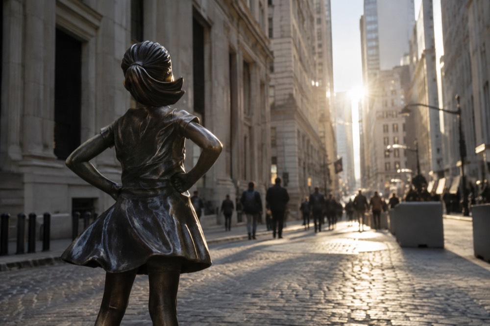The Fearless Girl statue standing with hands on hips facing down Broad Street