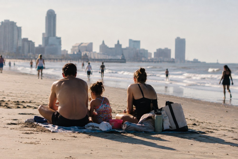 A family sitting on beach towels on wide flat sand near the water line