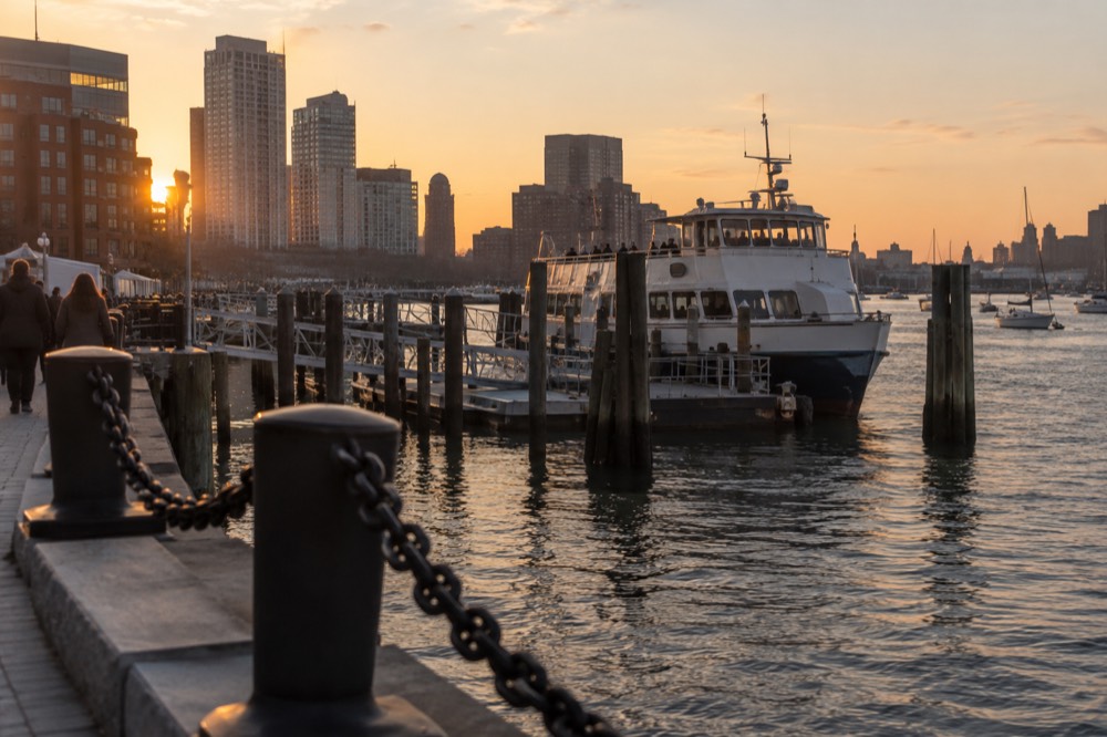 Boston harbor waterfront with boats and a ferry at the docks