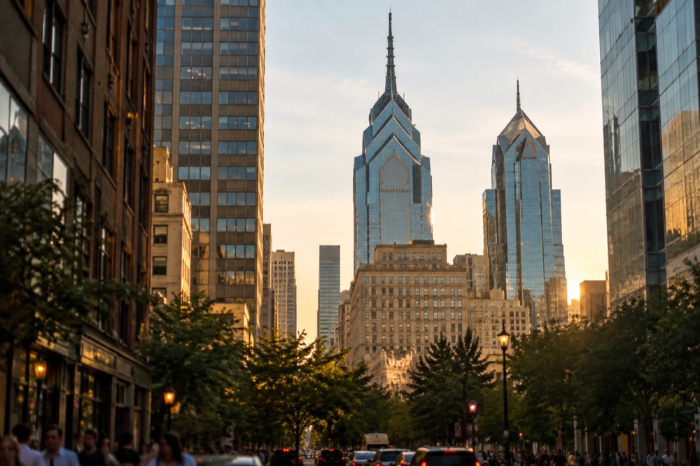The Philadelphia skyline rising above the streets of Center City on a bright afternoon