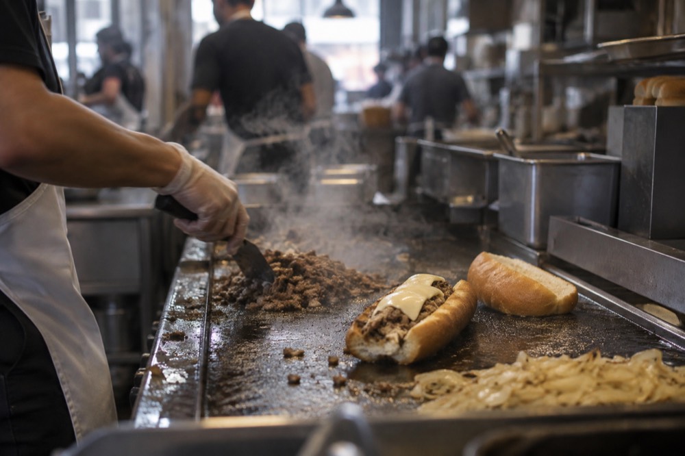 A cheesesteak sandwich being assembled on a flat top grill in a busy Philadelphia shop