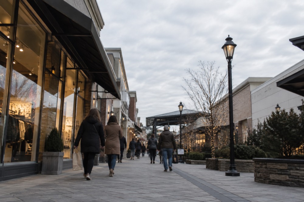 An open-air outlet mall walkway lined with storefronts and shoppers carrying bags