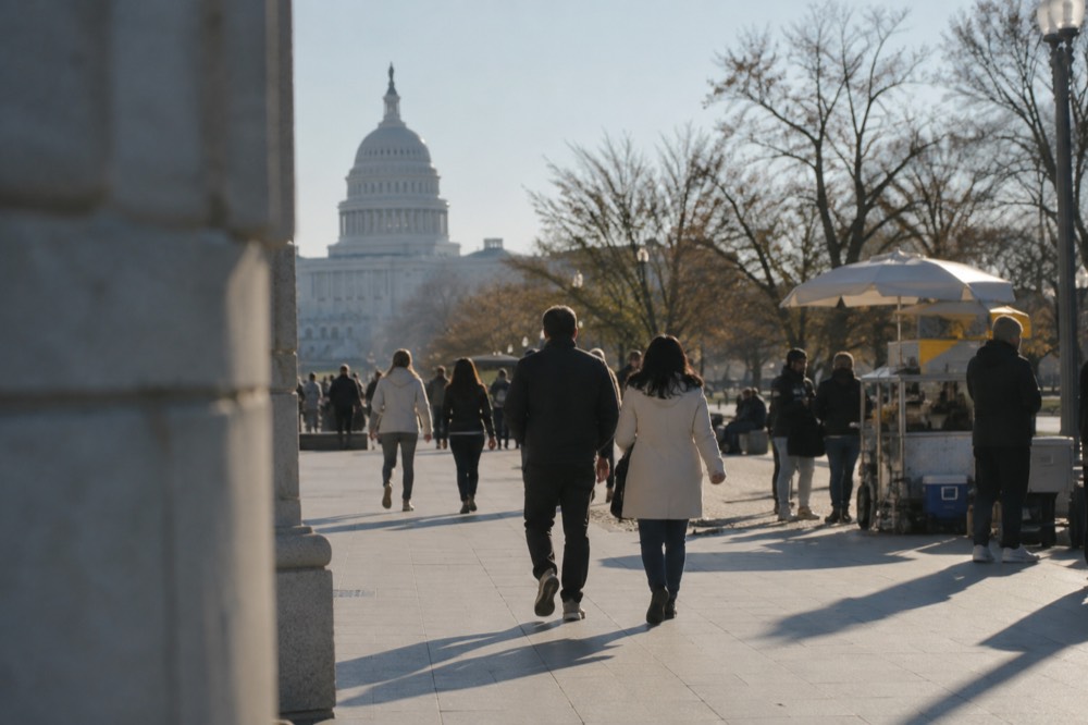Food vendors and visitors along a wide pedestrian promenade in Washington DC