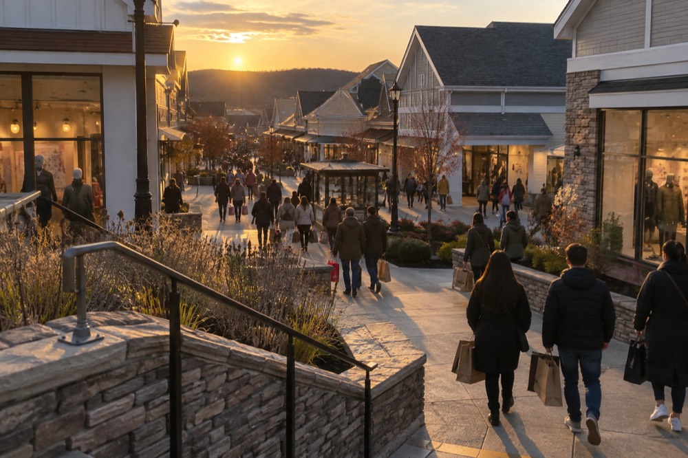 Shoppers walking between outlet storefronts with bags in hand