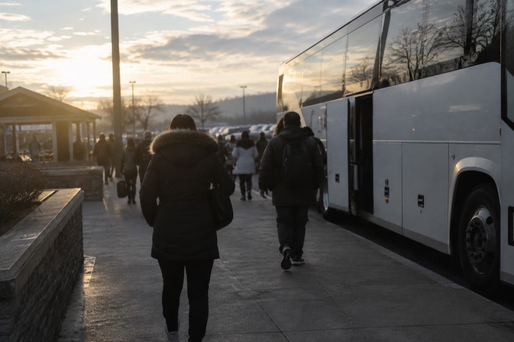 Coach parked at a rest area with passengers boarding on a gray morning