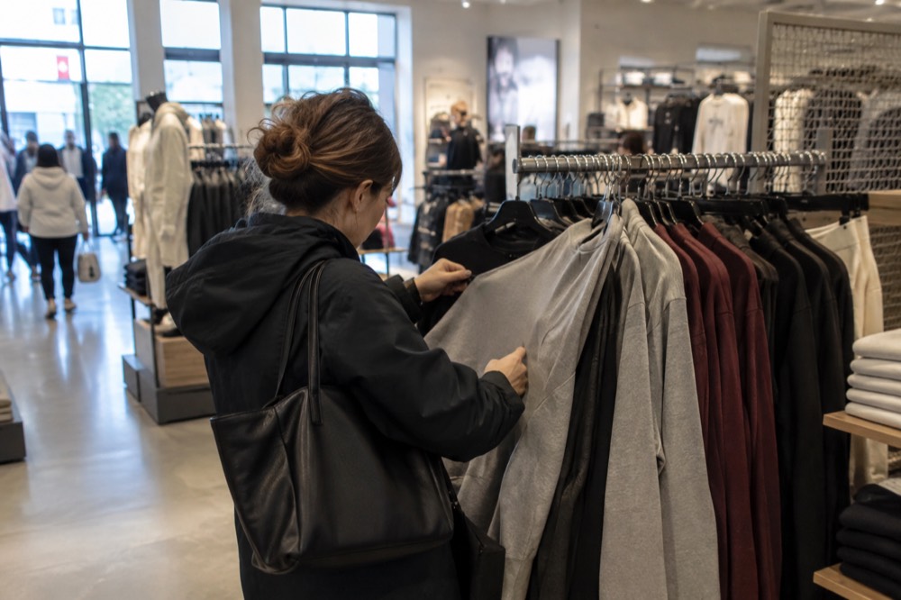Shopper comparing prices on a rack of discounted clothing inside a bright outlet store