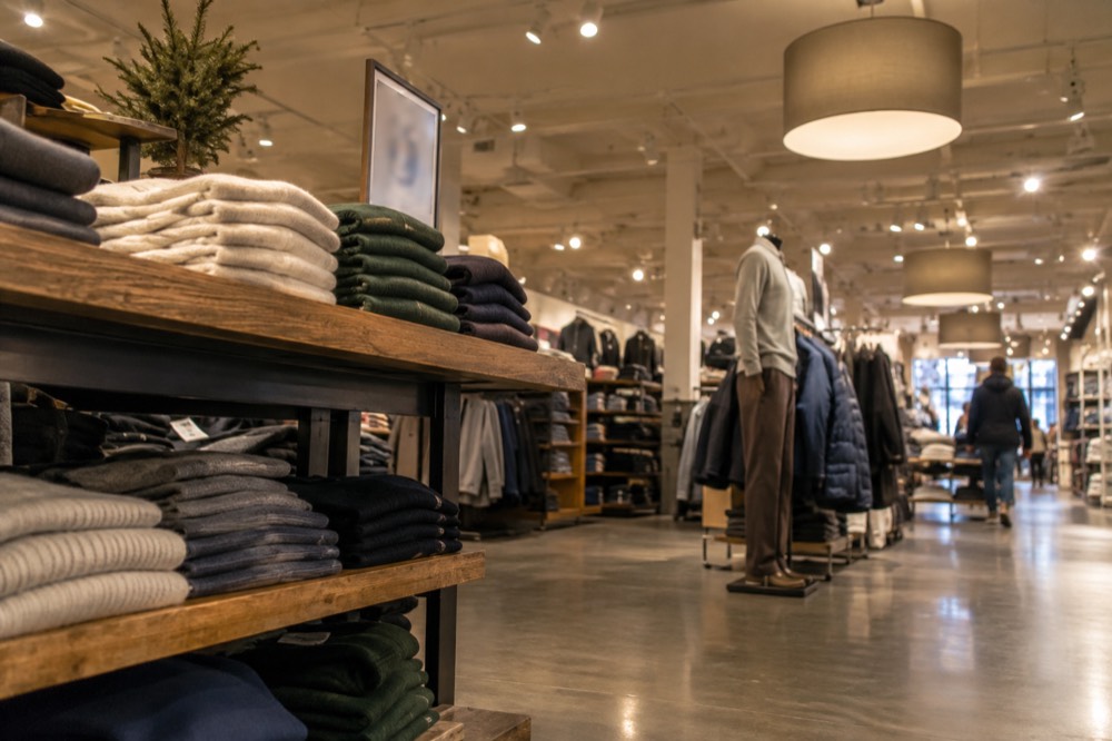 Interior of an outlet store with neatly stacked merchandise and warm lighting