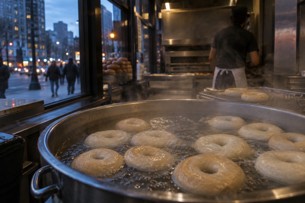 Bagels boiling in a wide metal pot of water at a bakery