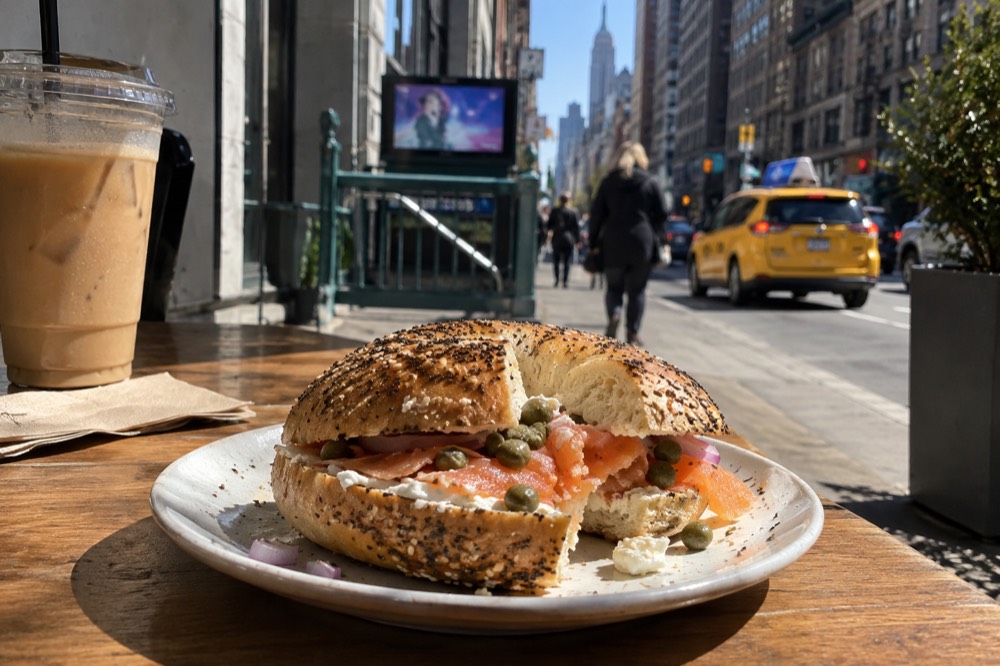 A bagel sandwich with lox, cream cheese, capers and sliced onion on a wooden board