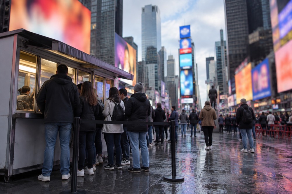 People queuing at an outdoor discount ticket booth in a city square