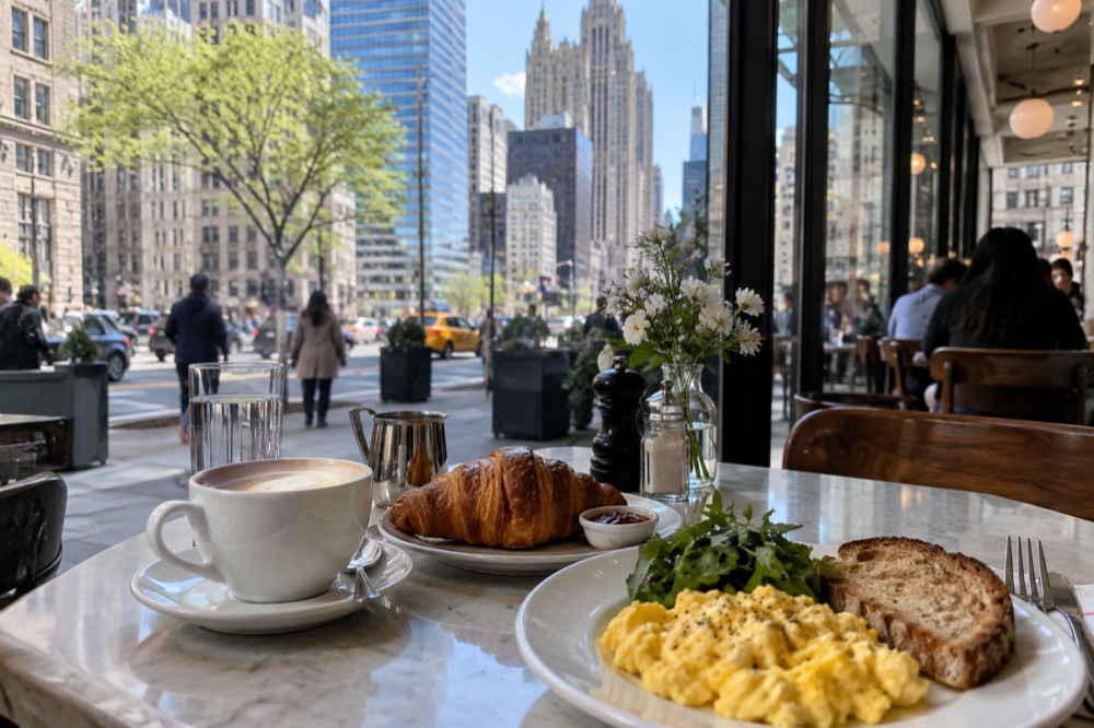 A brunch table with coffee, eggs and pastries in a bright New York restaurant