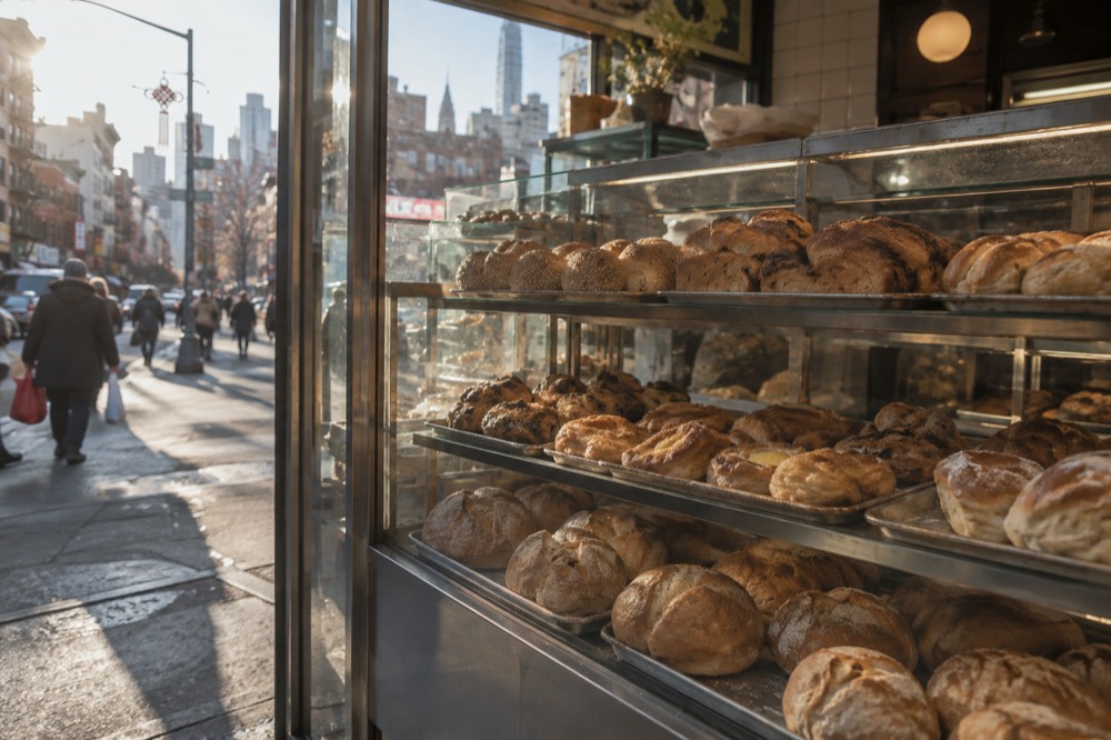 A Chinatown bakery counter with trays of buns and pastries